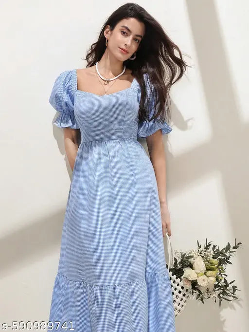 Honky Tonky Blue Striped Puff Sleeve Maxi Dress with Tie-Back