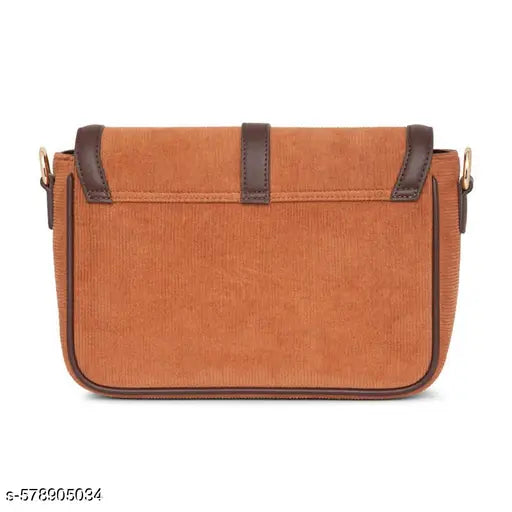 Berrylush Women Solid Brown Fabric Button-Up Detachable Strap Embellished Regular Sling Bag