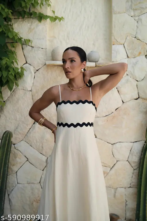Honky Tonky Off White Cotton Maxi Dress with Black Wavy Trim