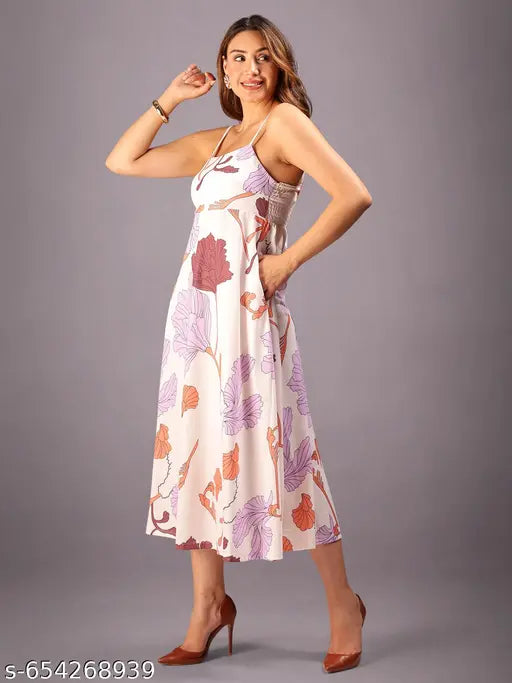 HELLCAT Womens Floral Printed Pink Shoulder Straps dress | Western A-Line Midi Dress for Womens | Womens Stylish Noodle strap Party Dress