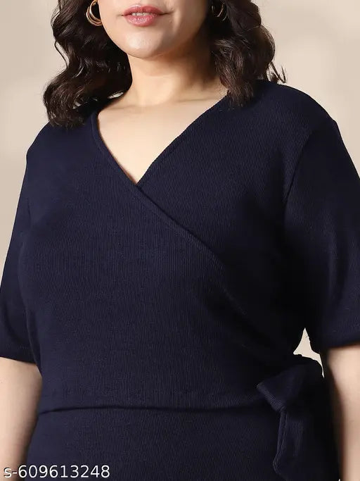 Globus Gloplus Women Navy Blue Wrap V-Neck Waist Tie-Ups Ribbed Plus Size Midi Sheath Dress