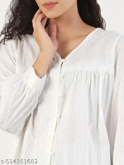 SHOWOFF Women's Self Design V-Neck White Shirt Style Top