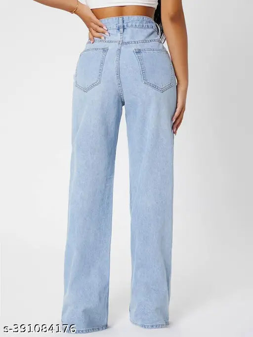 H&H Classy Ice Blue Reagular Wear Wide Leg Denim Jeans For Women | Jeans | Wide Leg Denim | Jeans For Girls |