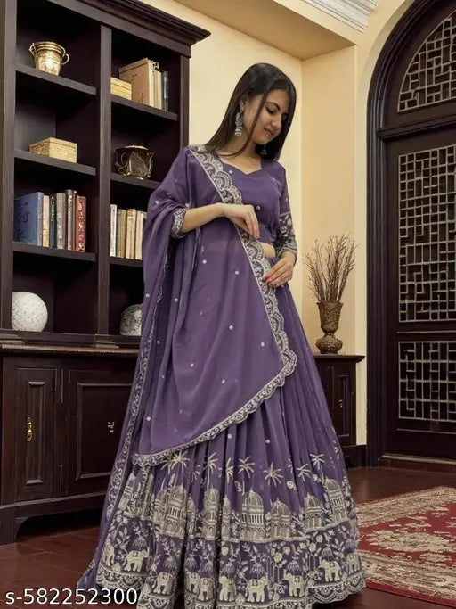 Tendykart Embroidered Round-Neck Semi-Stitched Lehenga & Unstitched Blouse With Dupatta