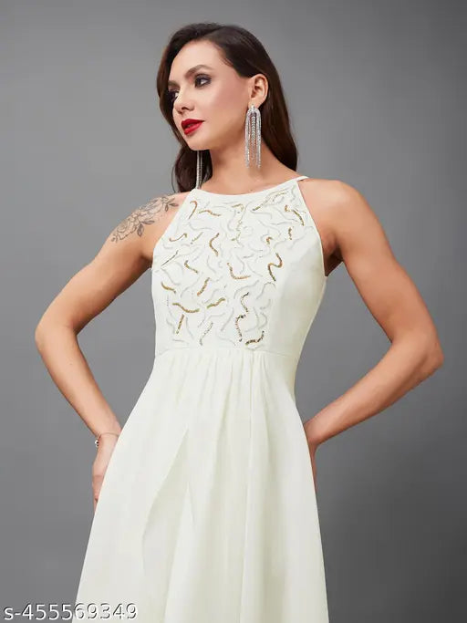 Miss Chase Women's Off White Round Neck Sleeveless Solid Embellished Maxi Dress