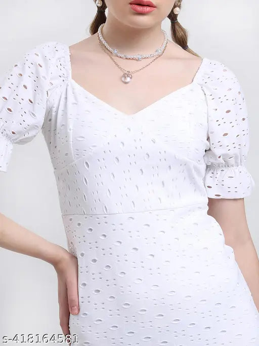 Ketch Women's Solid Fit and Flare Round Neck White Dresses