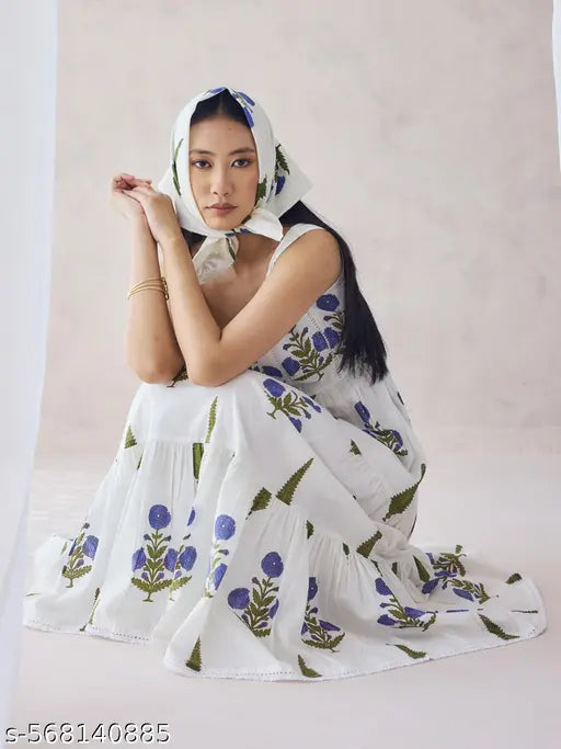 FIORRA Women's Off-White Floral Printed Cotton Maxi Dress