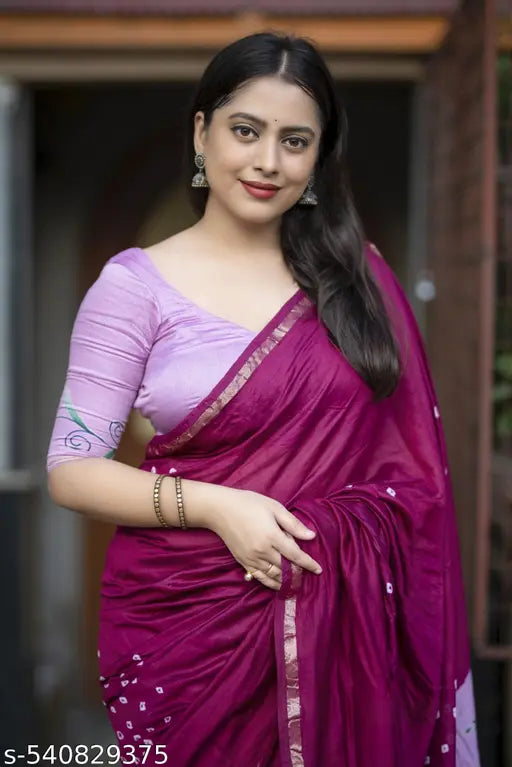 Pure Chanderi Cotton Saree with Zari Pattu Border & Hand-Painted Bandhani Pallu. || Chanderi Saree with Bandhani Tie-Dye, Hand-Painted Pallu & Tassels || Chanderi Cotton Saree with Zari Border & Matching Hand-Painted Blouse