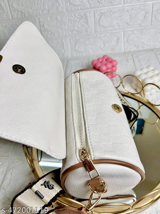 New Trending & Stylish Leather Round Shape Slings Bags For Women & Girls Textured White Color