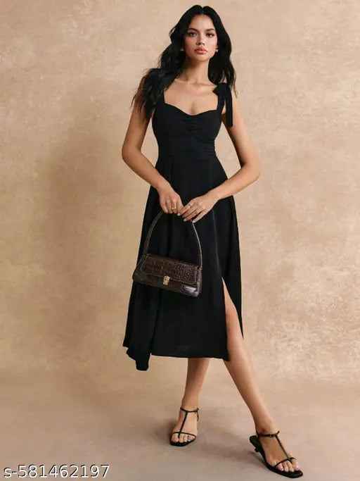 Berrylush Women Black Solid Shoulder Straps Split Thigh A-Line Midi Dress