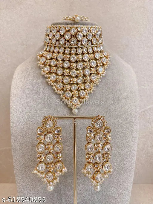 Royal Gold White Pearl Kundan Bridal Choker Necklace Set for Women & Girls | Wedding Jewellery Set with Earrings & Maang Tikka