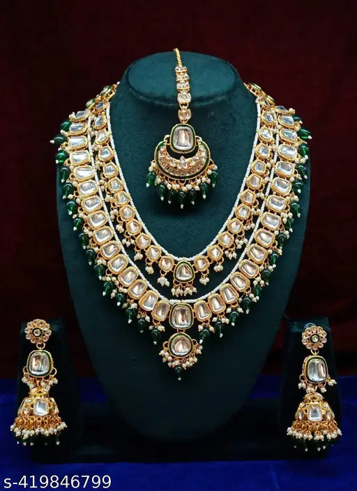 Yuzi Jewells Gold Plated Traditional Kundan Long Necklace set with Jhumki Earrings & Mangtika