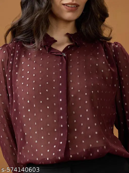 Globus Women Frilled Neck Bishop Sleeves Lurex Detail Georgette Shirt Top