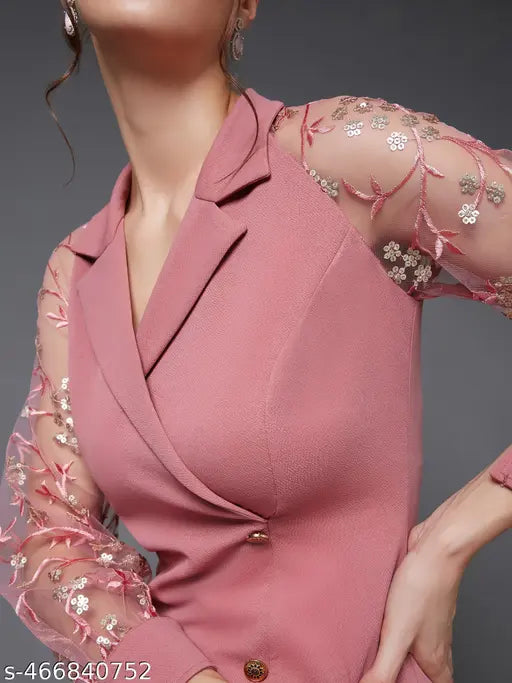 Miss Chase Women's Dusty Pink & Golden Solid Embroidered Double Breasted Knee Length Dress