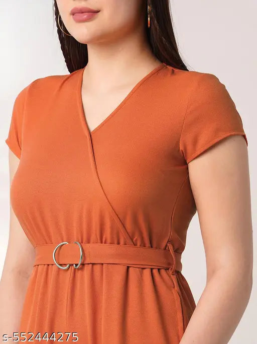 Globus Women Rust Wrap V-Neck Short Sleeves Belted Long Jumpsuit