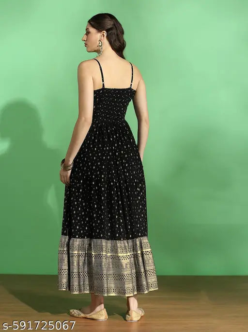 Globus Women Black Strappy Shoulder Gold Foil Ethnic Motifs Smocked Tiered Fit & Flare Maxi Festive Dress