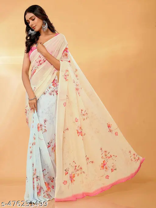 Janasya Women's Peach Georgette Floral Printed Daily Wear Saree with Blouse Piece