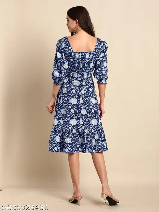 Janasya Women's Indigo Pure Cotton Floral Printed A-line Dress