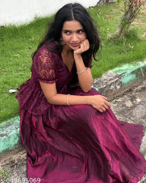 THE KAVYAHI FASHION Women's Wine Color Embroidered Peplum Top & Flared Skirt Set | Partywear Crop Top & Maxi Skirt