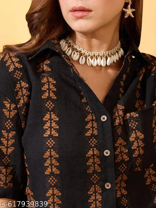 Globus Women Brown Self Design Collared Neck Boxy Fit Crop Shirt with Wide Leg Trousers Resort Co-Ords Set