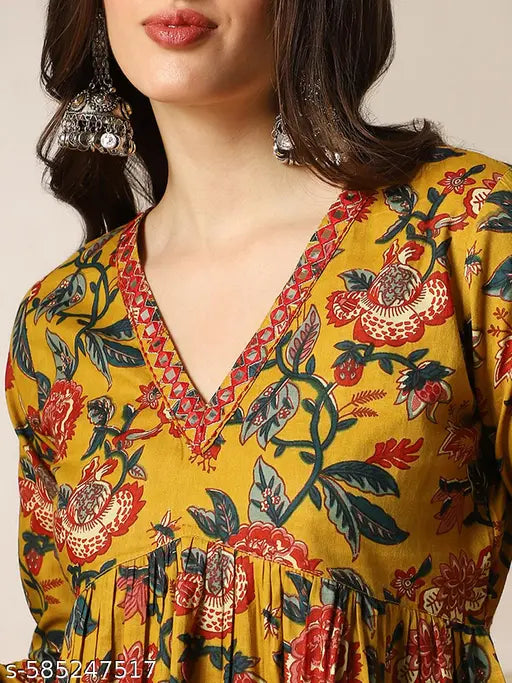 Globus Women Mustard Embroidered & Mirror Work Detail V-Neck Long Sleeves Floral Print A-Line Aliya Cut Tunic
