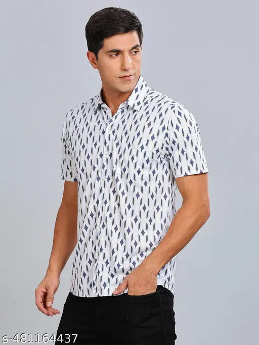 Bullmer Men's Geometric Regular Spread Collar White Shirts