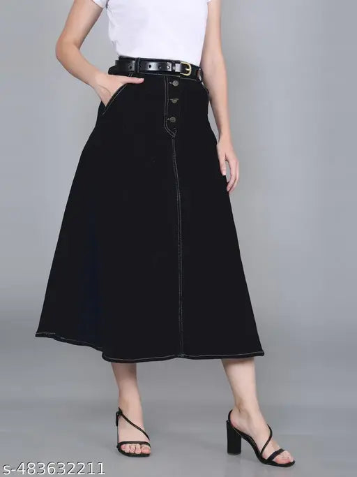 Codaisy Trendy Western Black Washed A-line Long Denim Midi Skirt for Women  and Girls, Fashionable Jeans Style, Plus Size Available