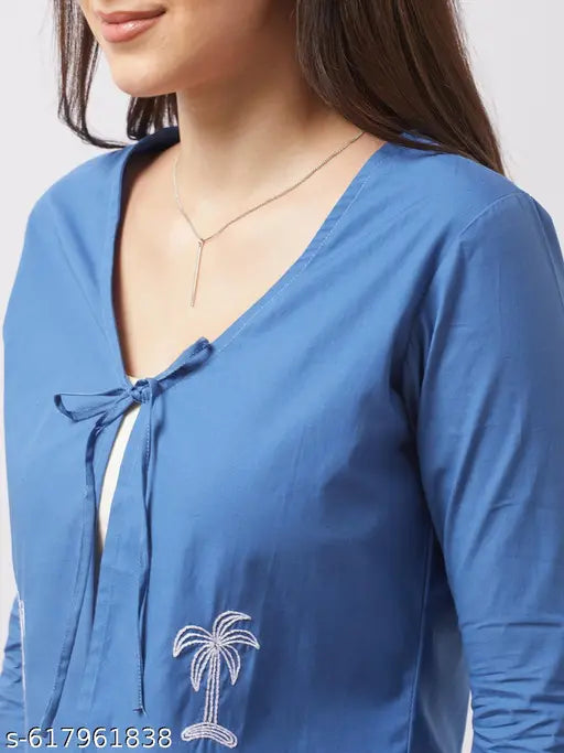 Globus Women Blue Tie-Up V-Neck Bell Sleeves Embroidered Detail Front Open Crop Top