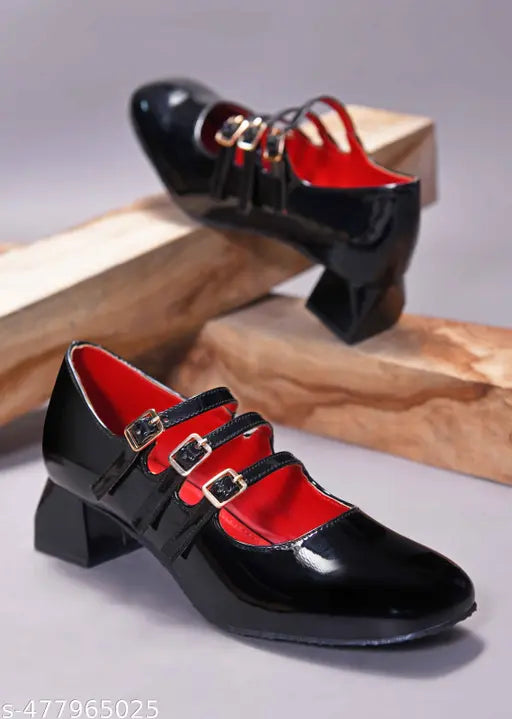 JM Looks Women's Stylish Black Block Heel Shoes with Mule & Buckle Straps