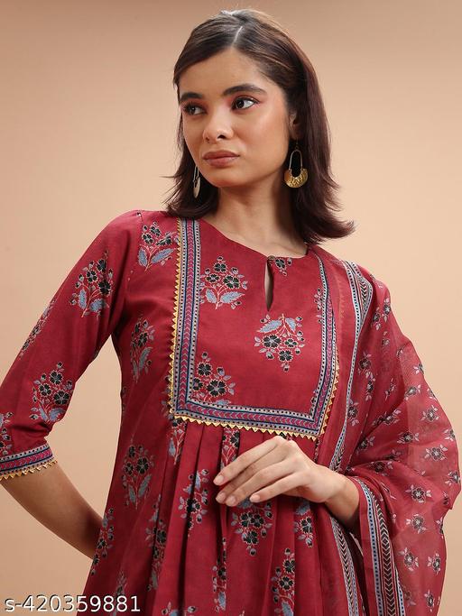 Ketch Women Red Printed Kurta With Trouser & Dupatta