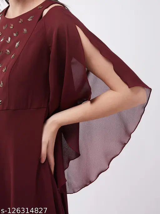 Miss Chase Women's Solid Round Neck Wine Dresses