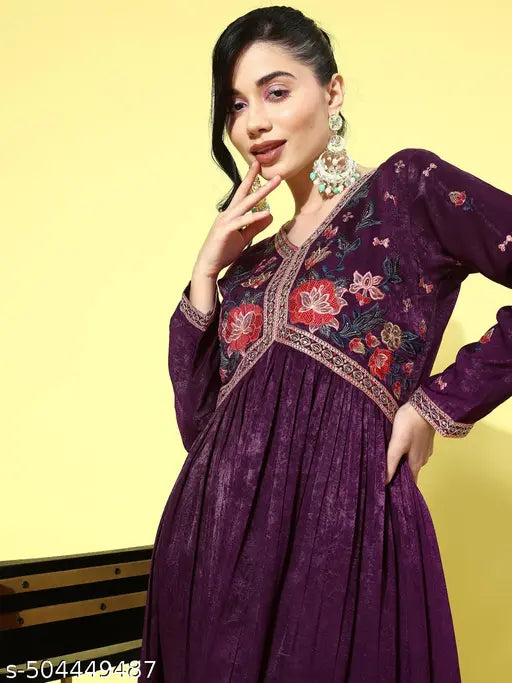 KVSFAB Wine Fancy Velvet Cording Zari Sequence Embroidery Pleated Kurta With Pant