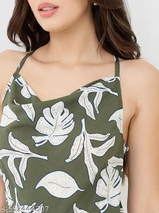 Globus Women Green Tropical Printed Cowl Neck Shoulder Strap Longline Party Jumpsuit