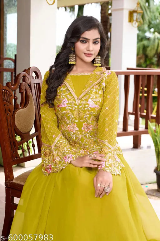 Miss Ethnik Women's Yellow Georgette Stitched Top With Stitched Bottom Full Sleeve Embroidered Straight Kurta (Lehenga Set) (ME-1291-Yellow)