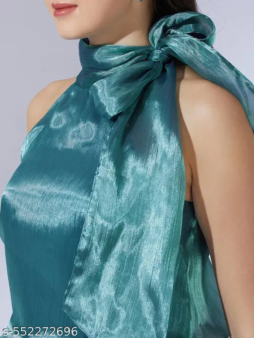 Globus Women Teal Halter Neck With Bow Tie-Up Organza Party Top