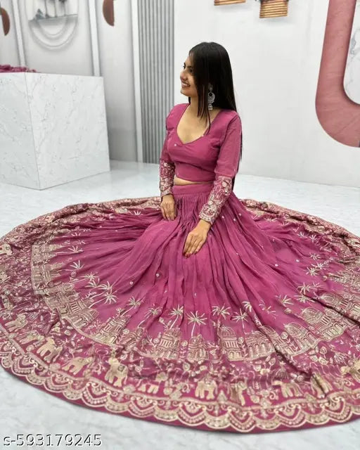 Pink Color Embroidery Work With Silk Lehenga Choli