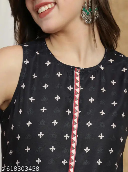 Globus Women Black Round Neck Mandarin Collar Ethnic Print Flared Tunic & Palazzos Fusion Co-Ord Set