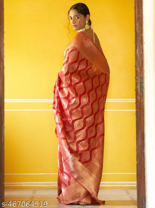 Janasya Women's Red Organza Woven Ethnic Motifs Saree with Unstitched Blouse Piece