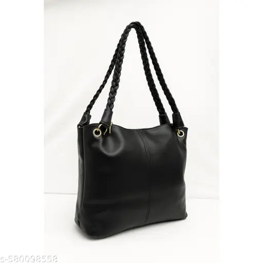 Black Braided Handle Slouch Tote with Charm Pouch