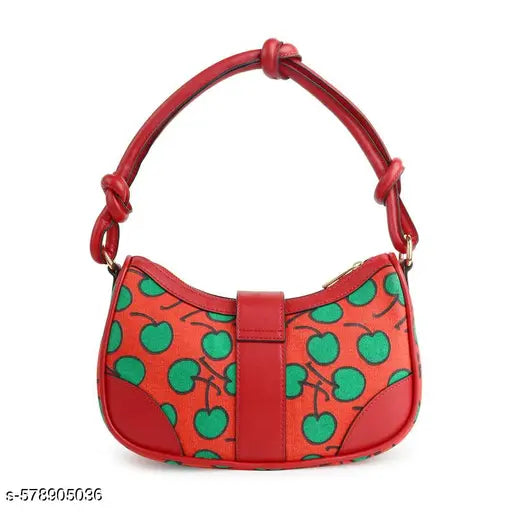 Berrylush Women Red & Green Cherry Printed PU Knot Detachable Sling Strap Embellished Shoulder Bag