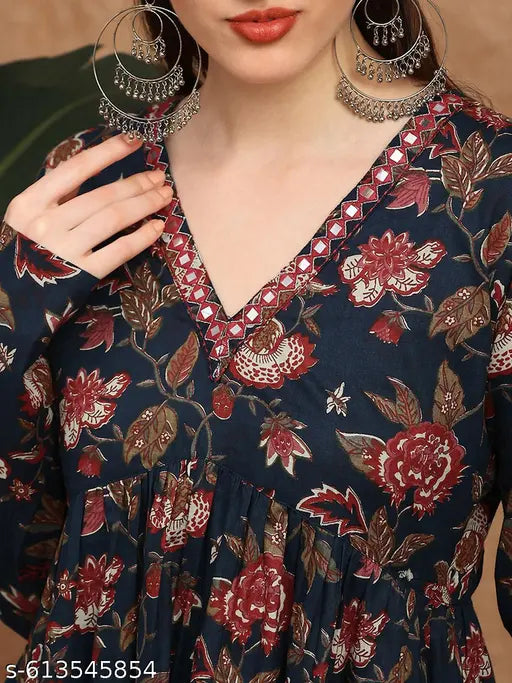 Globus Women Blue Embroidered & Mirror Work Detail V-Neck Long Sleeves Floral Print A-line Alia Cut Tunic