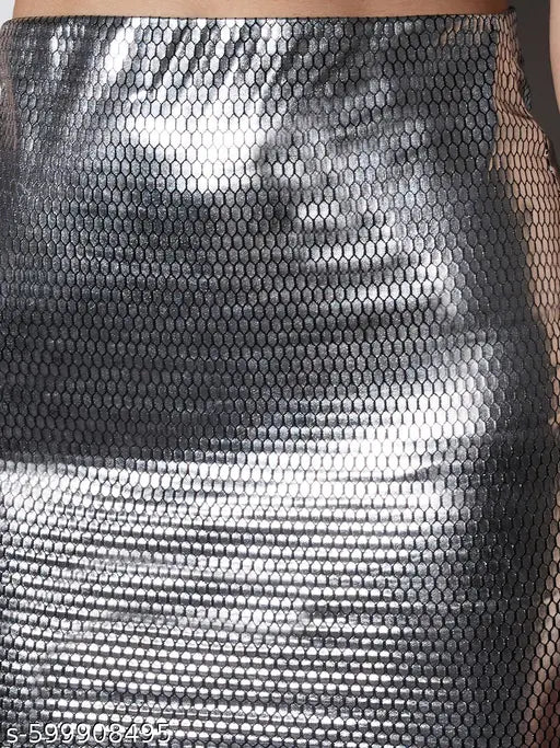 Globus Women Grey Mid-Rise Self Design Stretchable Mini Party Pencil Skirt