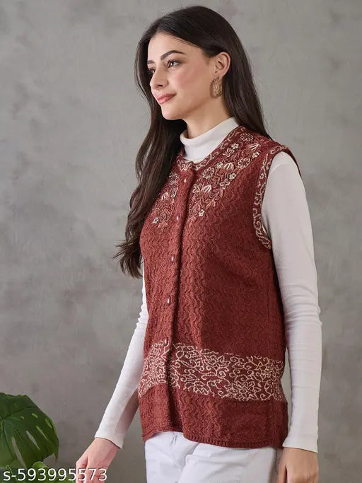 Clapton Women's Knited Sleeveless Sweater, Wool Blend, Floral Embroidered Button Front Design, Casual Winter brown