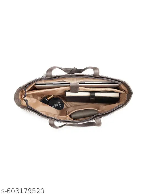 Globus Women Grey Vegan Leather Jute Abstract Print Double Handle Tote Bag With Pouch