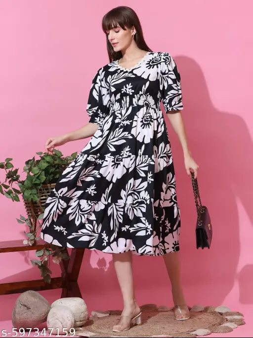 Sheetal Associates Black & White Floral Printed Smocked Waist Fit & Flare Midi Dress