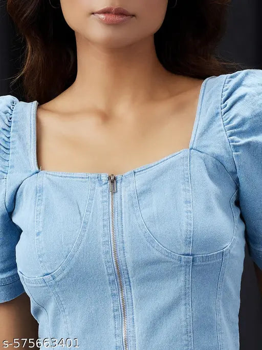 Globus Women Blue Square Neck Puff Sleeves Denim Corset Top