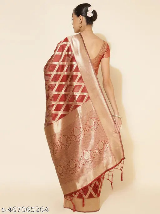 Janasya Women's Maroon Organza Saree with Unstitched Blouse Piece