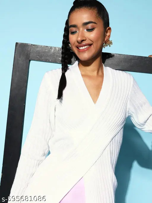 Berrylush Women Solid White V-Neck Acrylic Ribbed Hem Regular Sweater