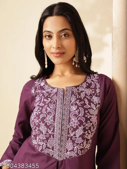 Vbuyz Women'S Dark Purple Solid A-Line Cotton Stitched Co-Ord Set