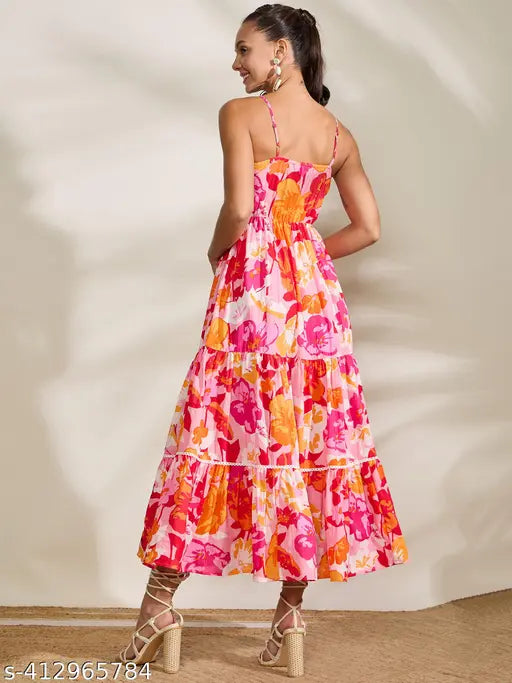 WineRed Women Pink Floral Lace Tiered Dress